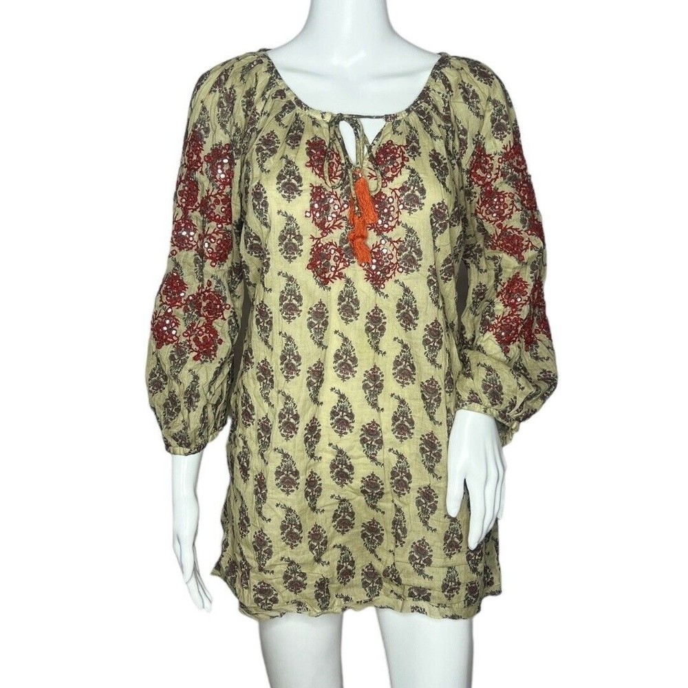 Anthropologie Marrakech Women’s Tunic Light Olive Green Red Embroidered Small